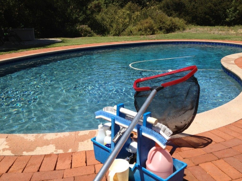 Pool cleaning cart beside a swimming pool, with a net, bottles, and supplies on a brick deck.