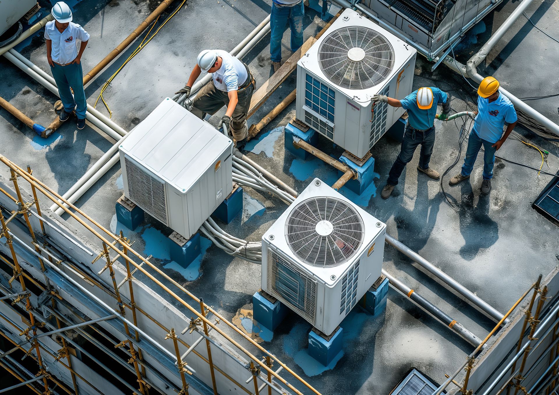 Workers installing or maintaining HVAC units on a rooftop.
