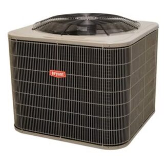 Outdoor central air conditioner unit with dark gray grille and top-mounted fan вентилator