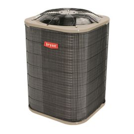 Gray outdoor air conditioner unit with a top fan grille and red label