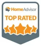 HomeAdvisor Top Rated badge: gray and white shield with orange text and stars.