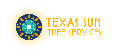 Logo for Texas Sun Tree Services: a sun-shaped emblem in blue, teal, and gold; text in gold.