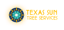 Logo for Texas Sun Tree Services: a sun-shaped emblem in blue, teal, and gold; text in gold.