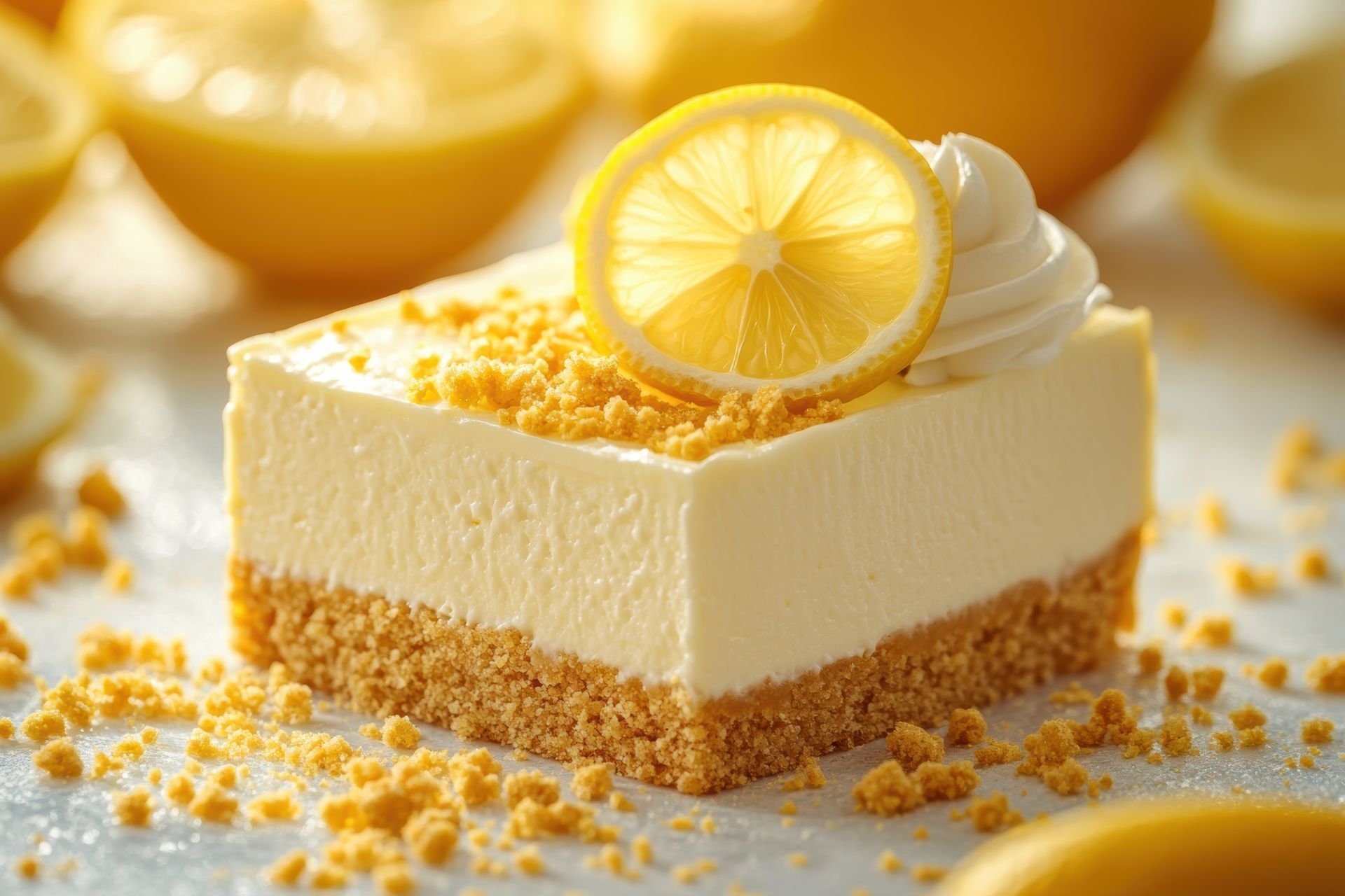 Lemon cheesecake square topped with a lemon slice and whipped cream, set on a bed of crumbs.
