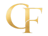 Gold monogram letters “CF” on a white background
