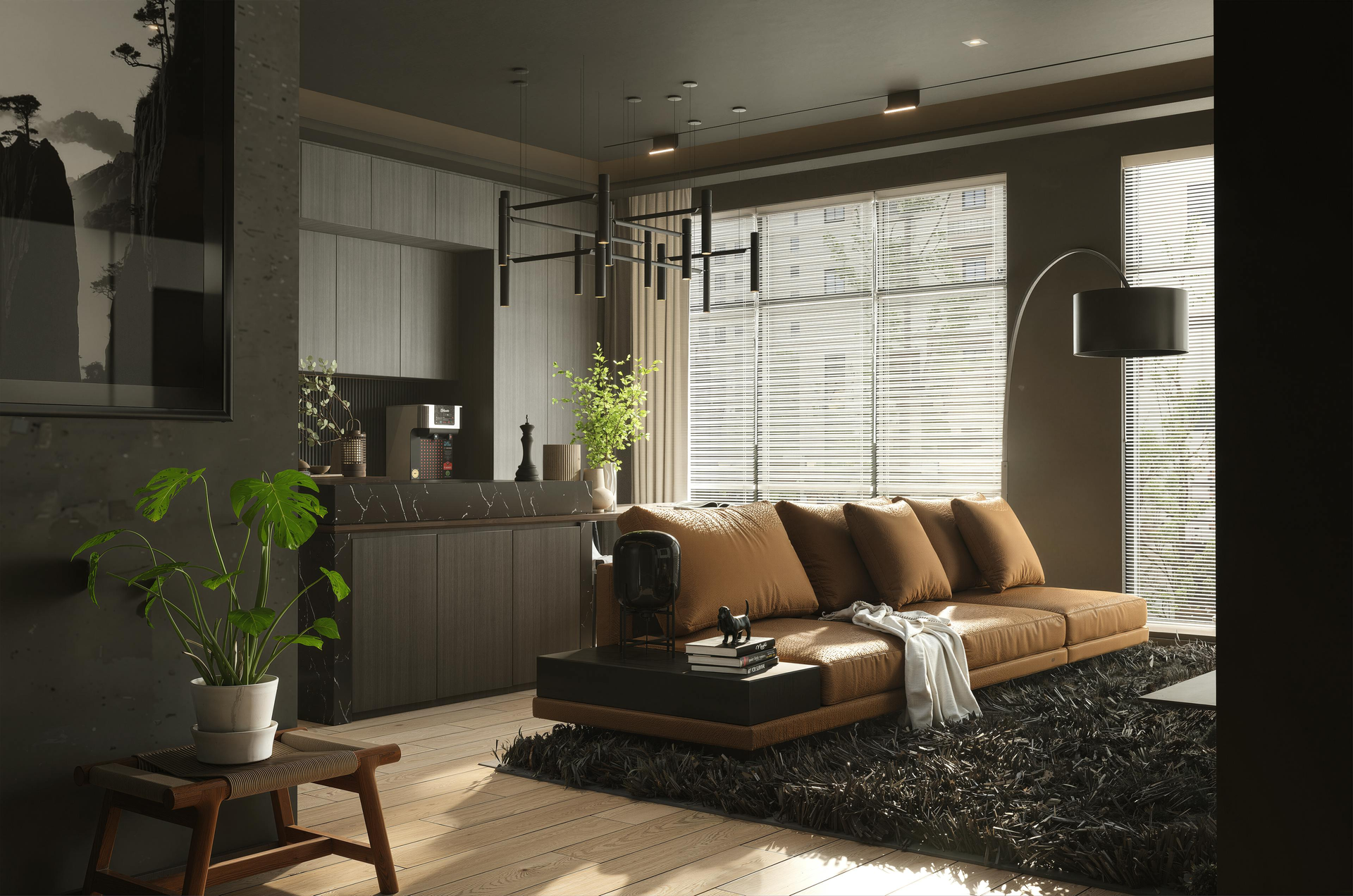 Modern living room with tan sofa, indoor plants, and sunlight through blinds