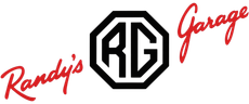 Randy’s Garage logo with red script text flanking a black octagonal RG emblem