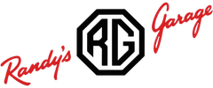 Randy’s Garage logo with red script text flanking a black octagonal RG emblem