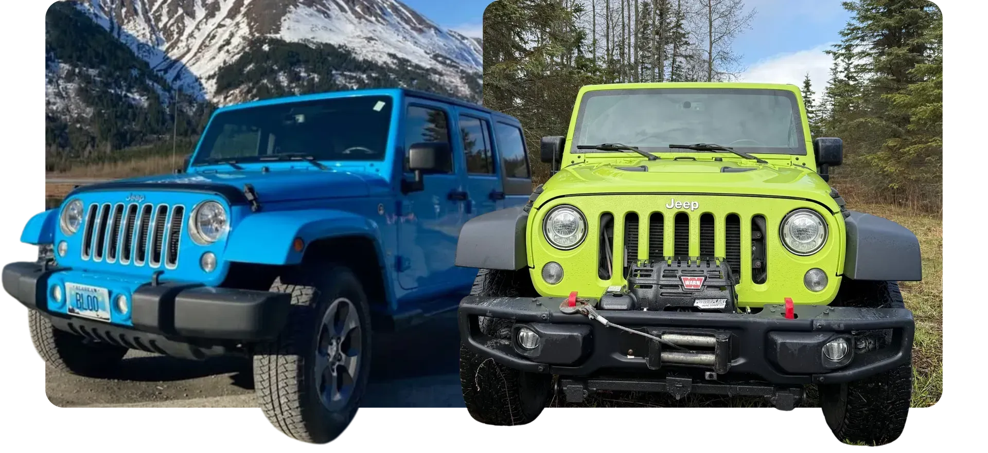 Two Jeep Wranglers, one blue and one lime green, parked side by side in a mountain setting