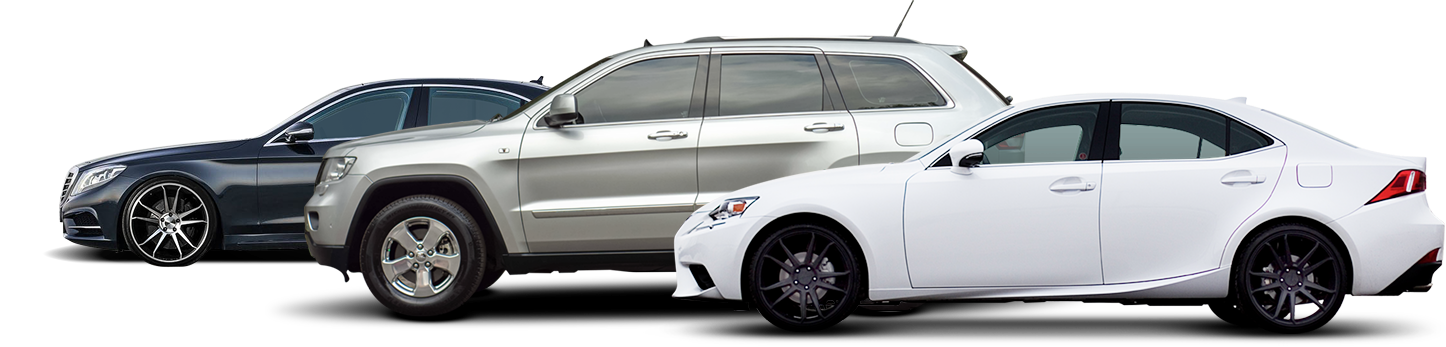 Three cars are parked next to each other on a white background. | Emerald Automotive