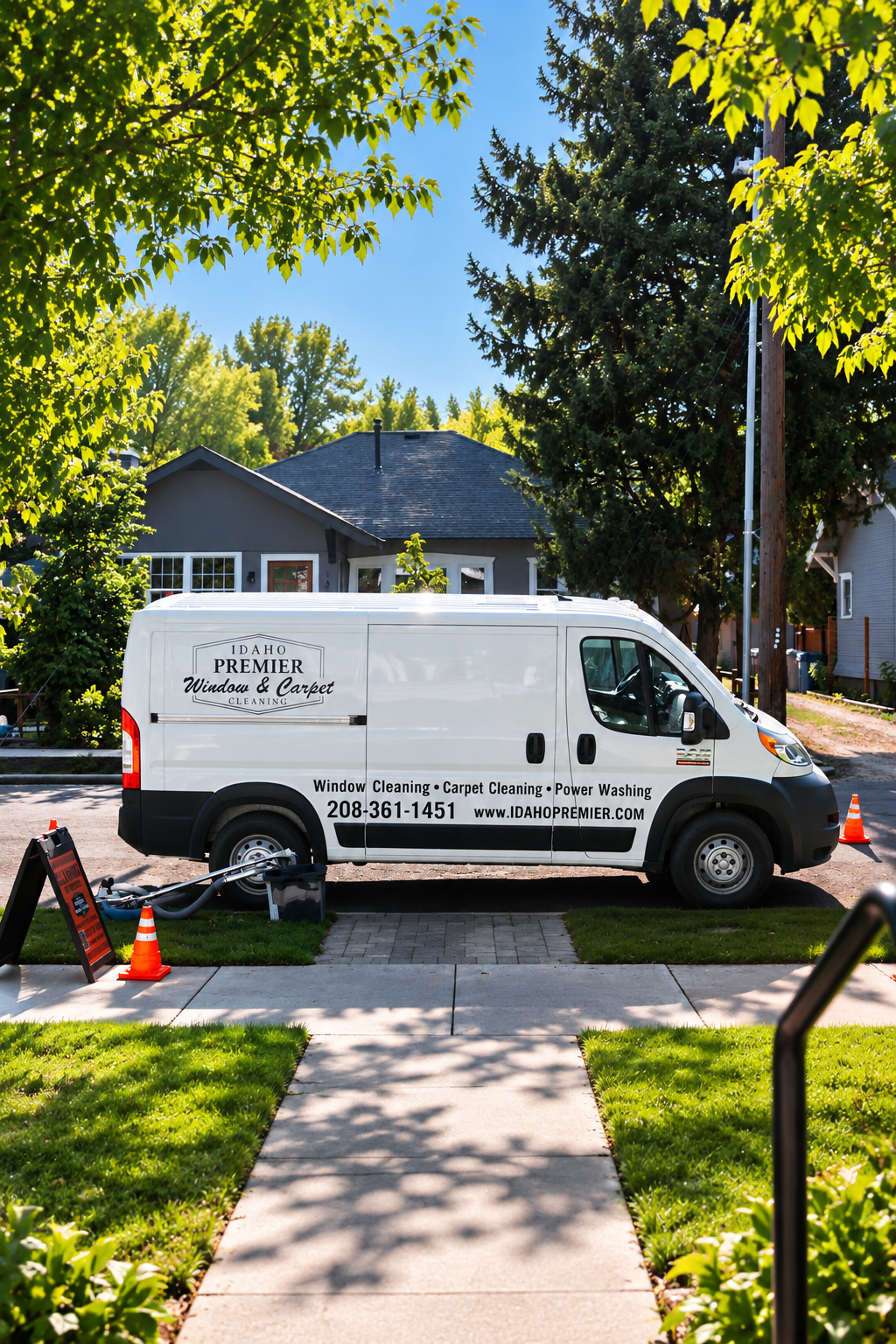 White service van parked by sidewalk under trees, with orange cones and a truck mounted sign in front of a house.