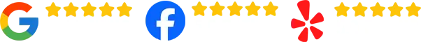 Google, Facebook, and Yelp logos with yellow star ratings across the top on a white background