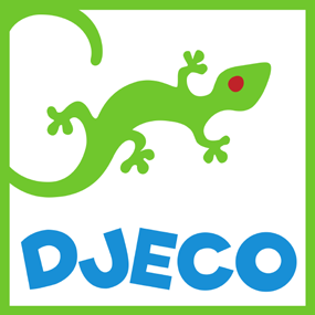 Logo a forma di lucertola verde per il marchio Djeco, con testo blu e bordo verde.