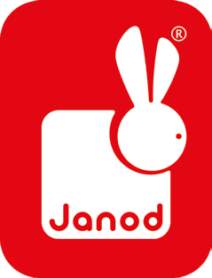 Logo di Janod: testa di coniglio bianco accanto a un quadrato bianco con la parola