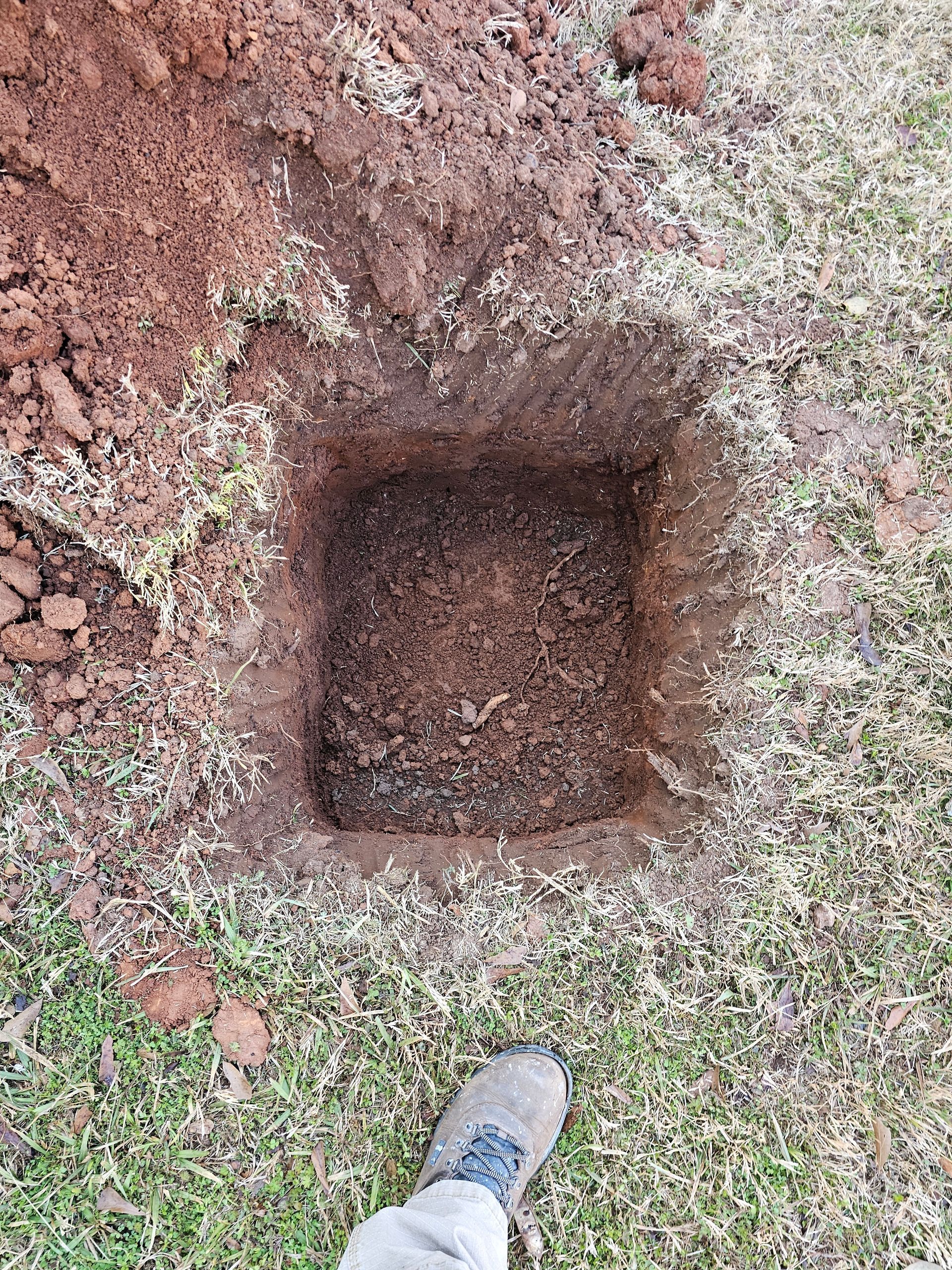 Square hole dug in grass, filled with brown soil. A person's foot in a boot is in the foreground.