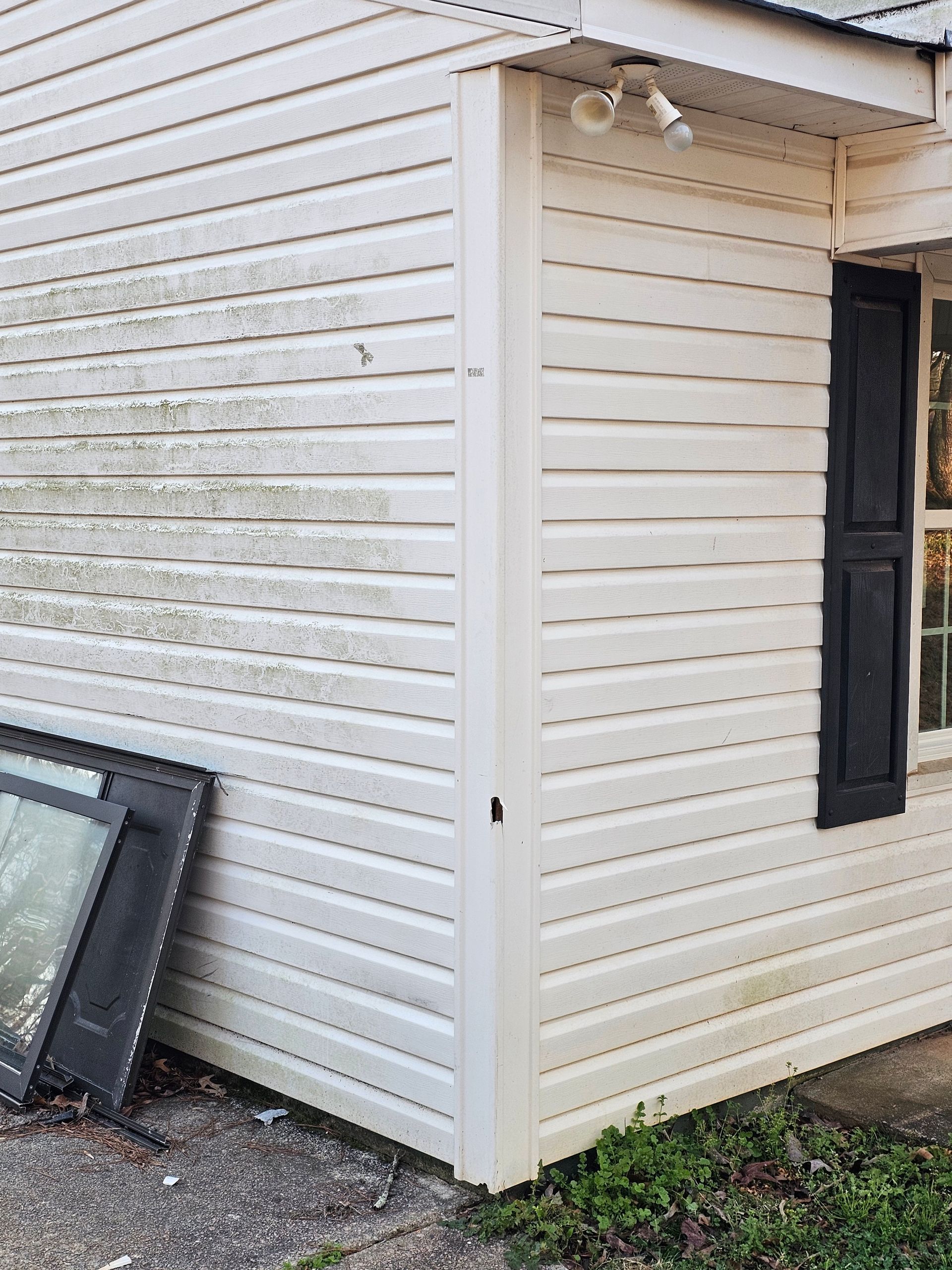 White siding on a corner of a house, stained with green mildew. Black shutters visible.
