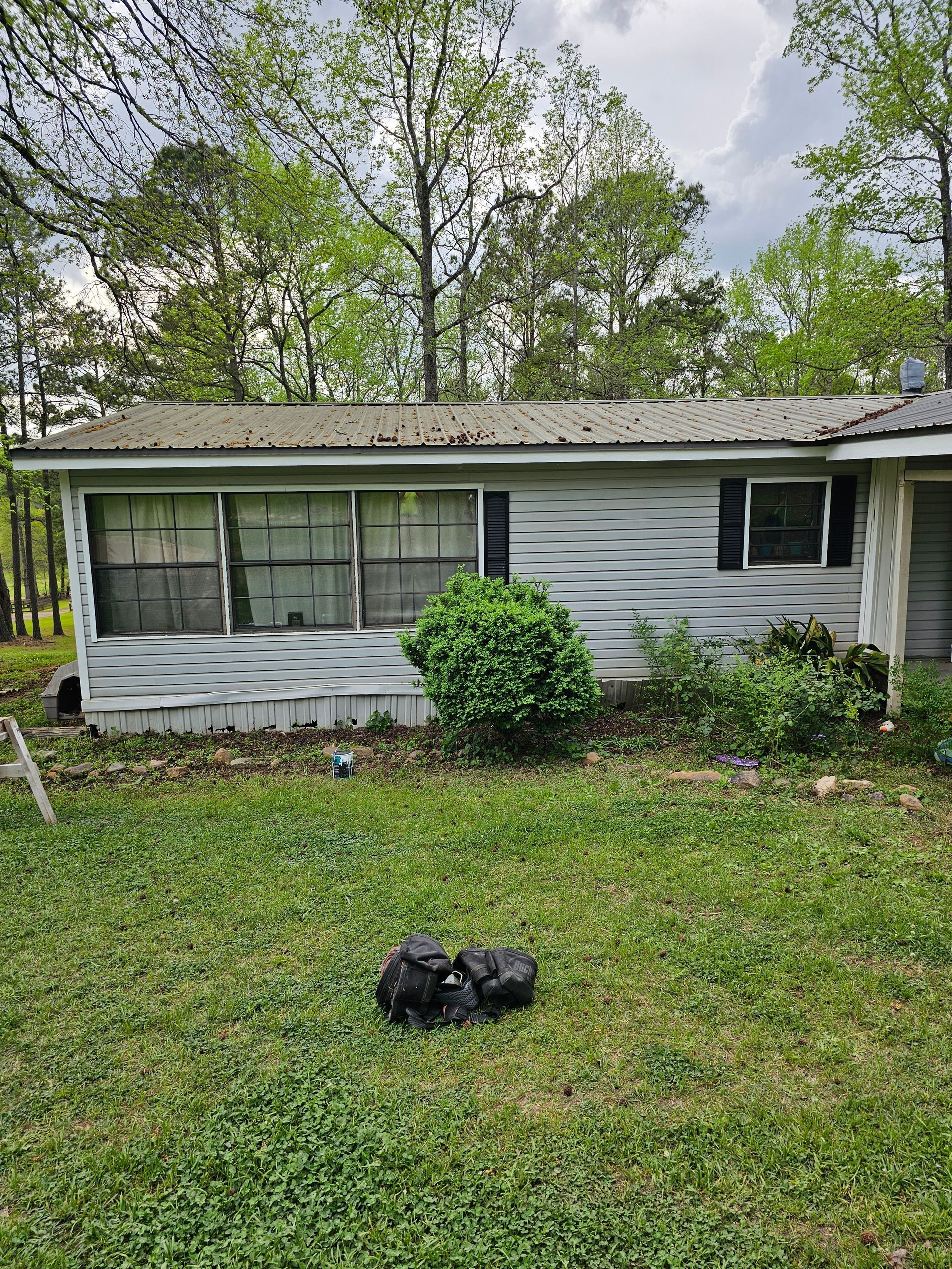 Run-down, one-story house with overgrown yard; white siding, windows, and bushes.