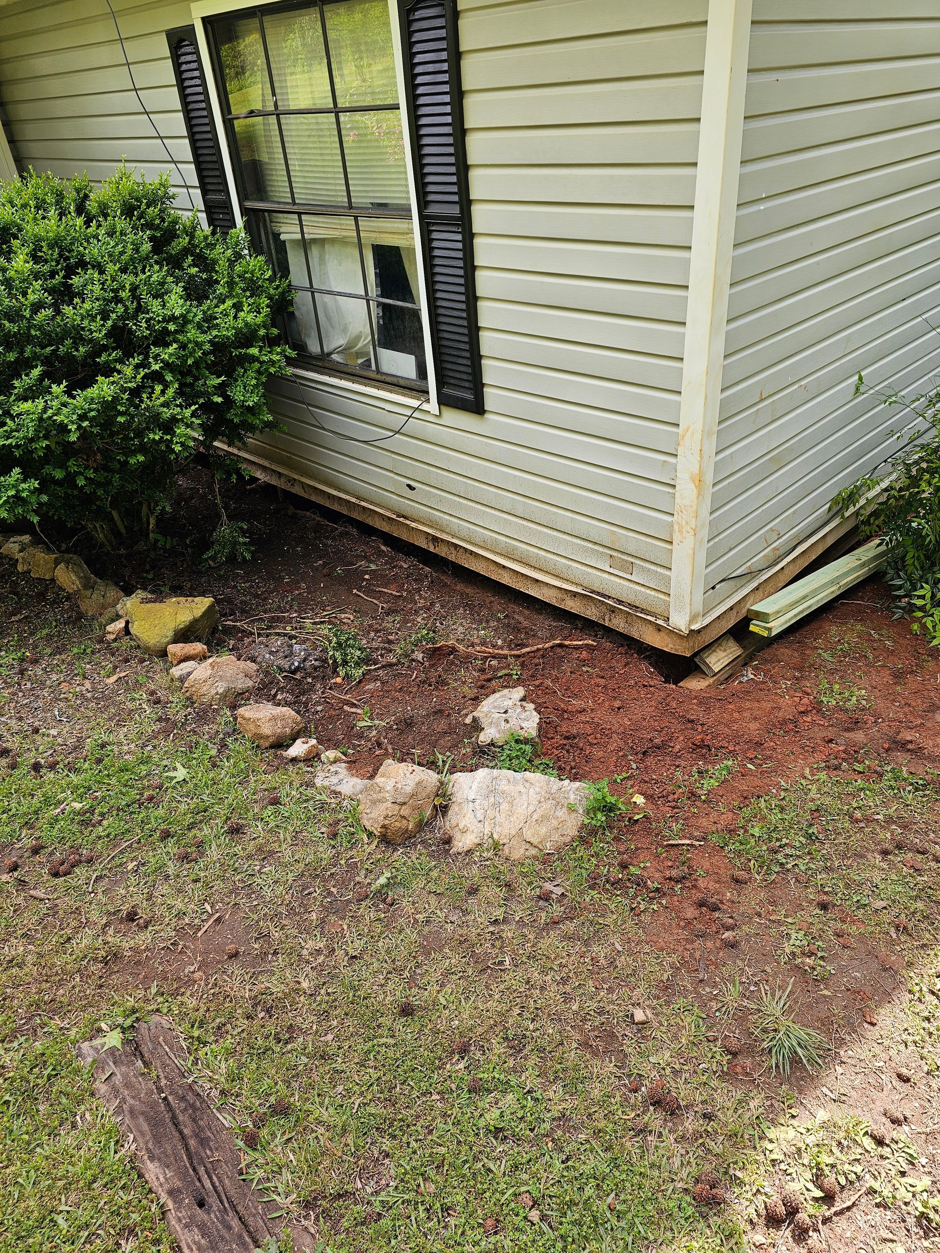 Close-up of a house exterior with window, black shutters, and landscaping. Brown mulch and rocks along the foundation.