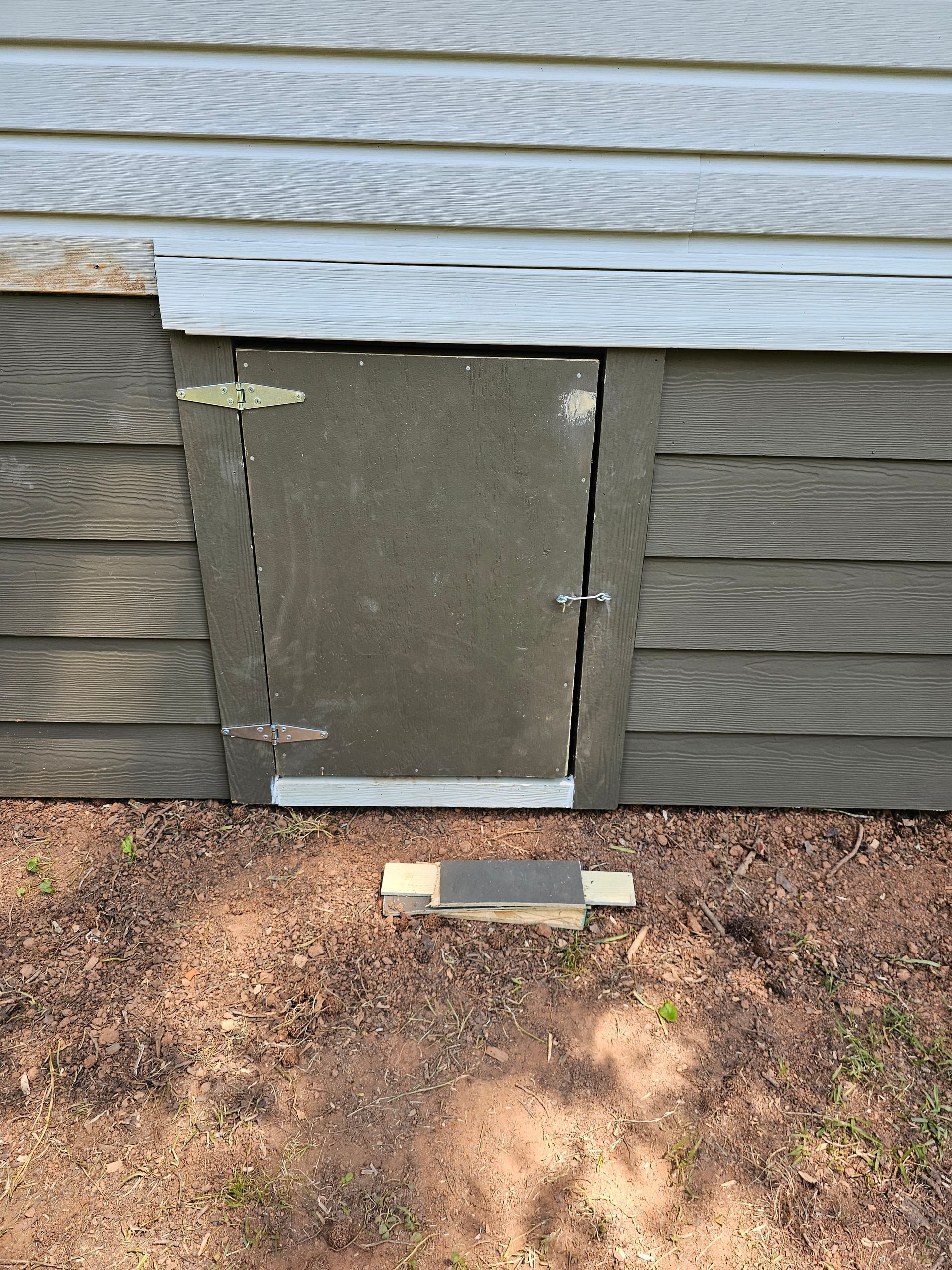 A weathered basement door with a small step. Gray door and siding with tan and brown soil.