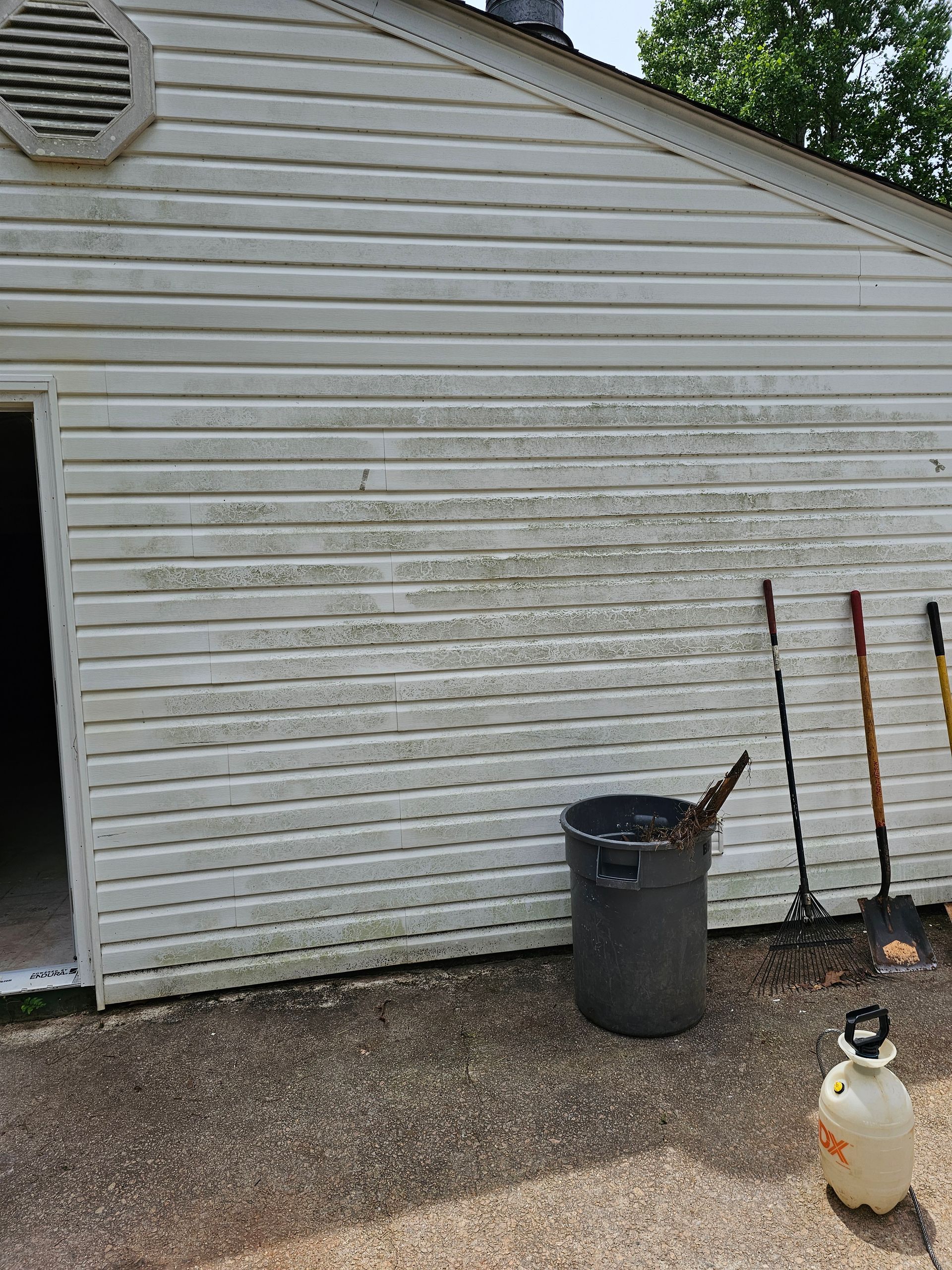 White siding on a building is covered in mold and mildew. A trash can and tools are at the base.
