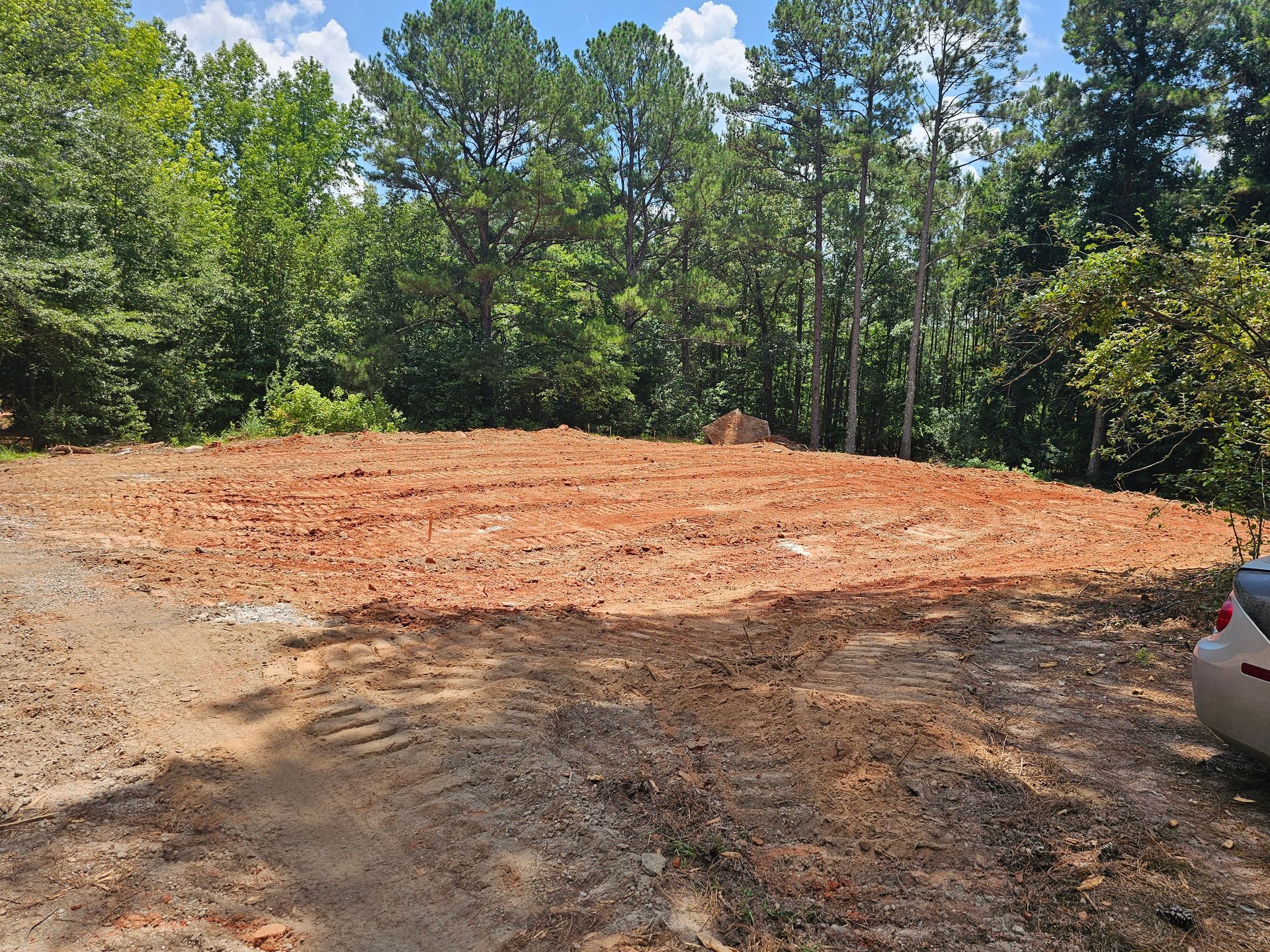 Cleared land ready for building, with trees in the background, on a sunny day.