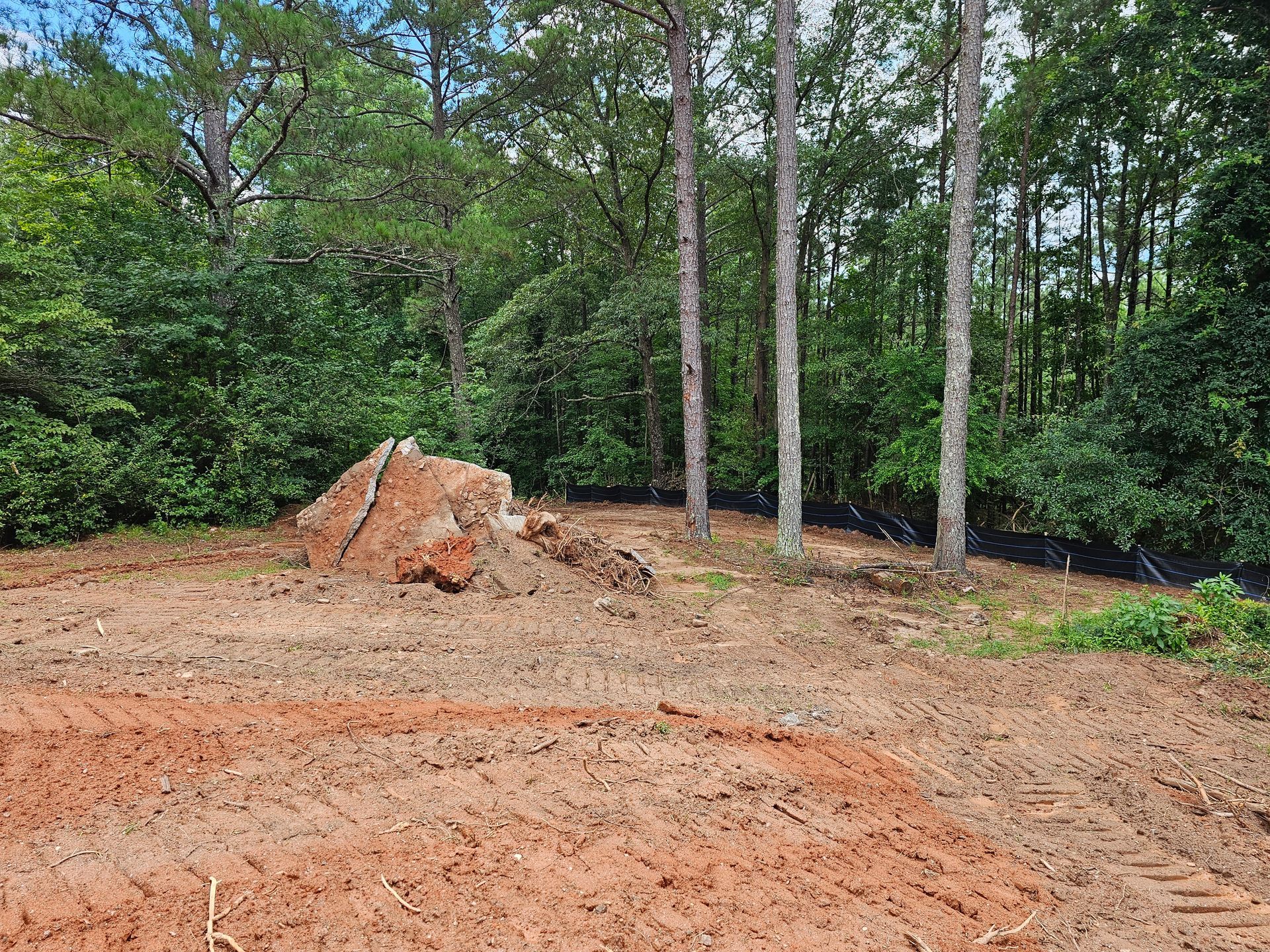 Cleared, leveled land with dirt and trees in the background.