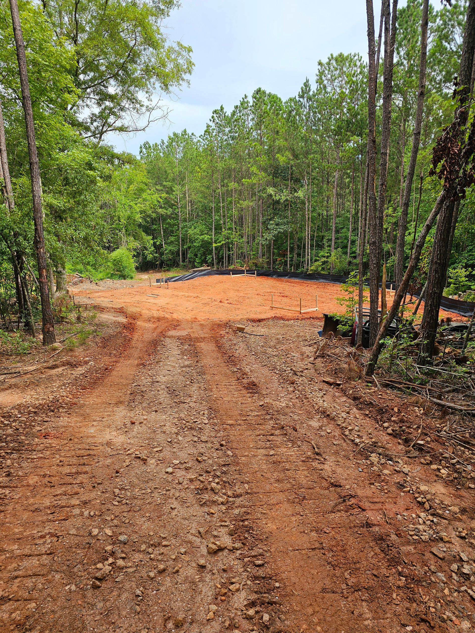 Dirt road leading to a cleared, reddish-brown area in a forest. Trees border the road and clearing.
