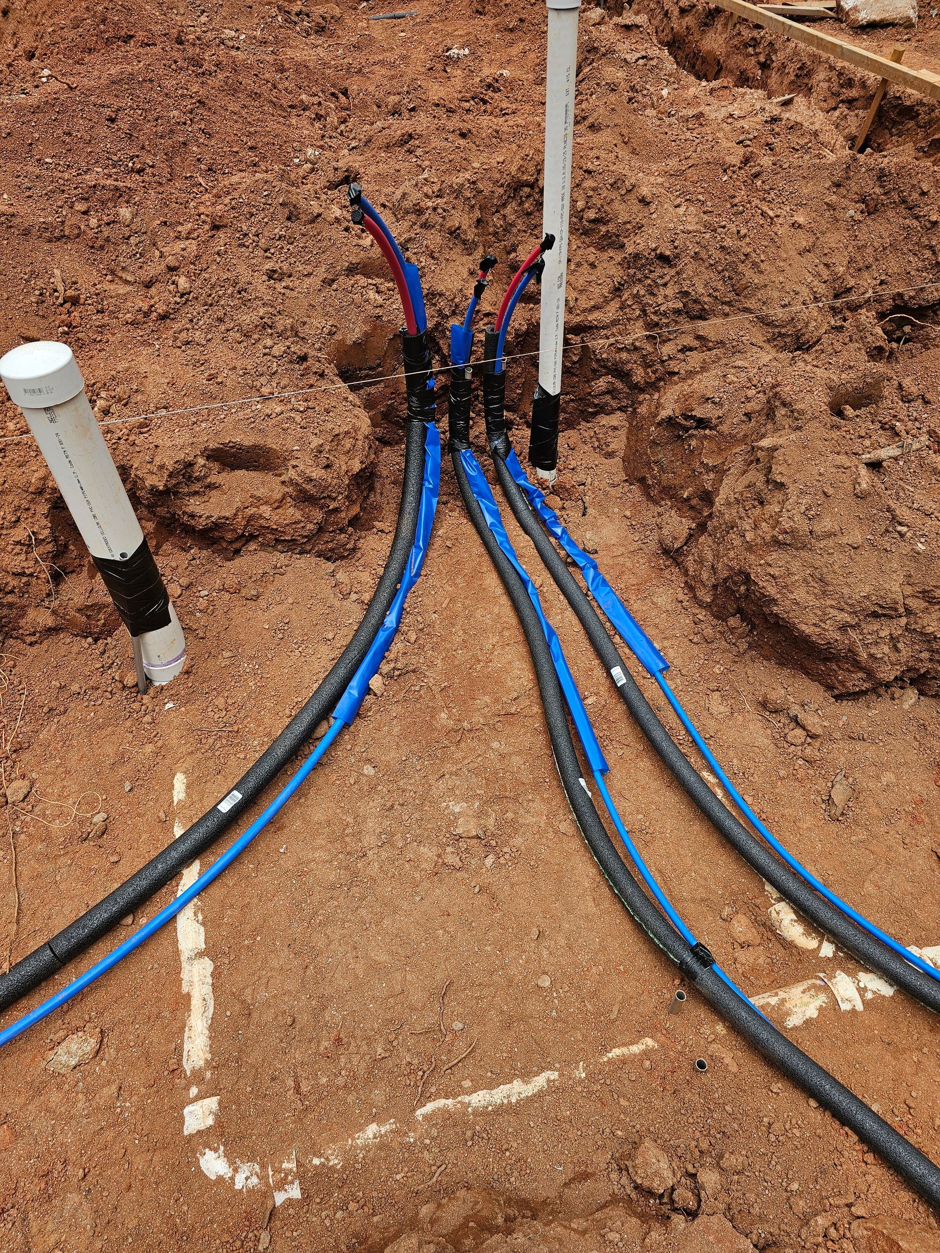Underground plumbing with blue and black pipes emerging from the soil. White PVC pipes are also visible.