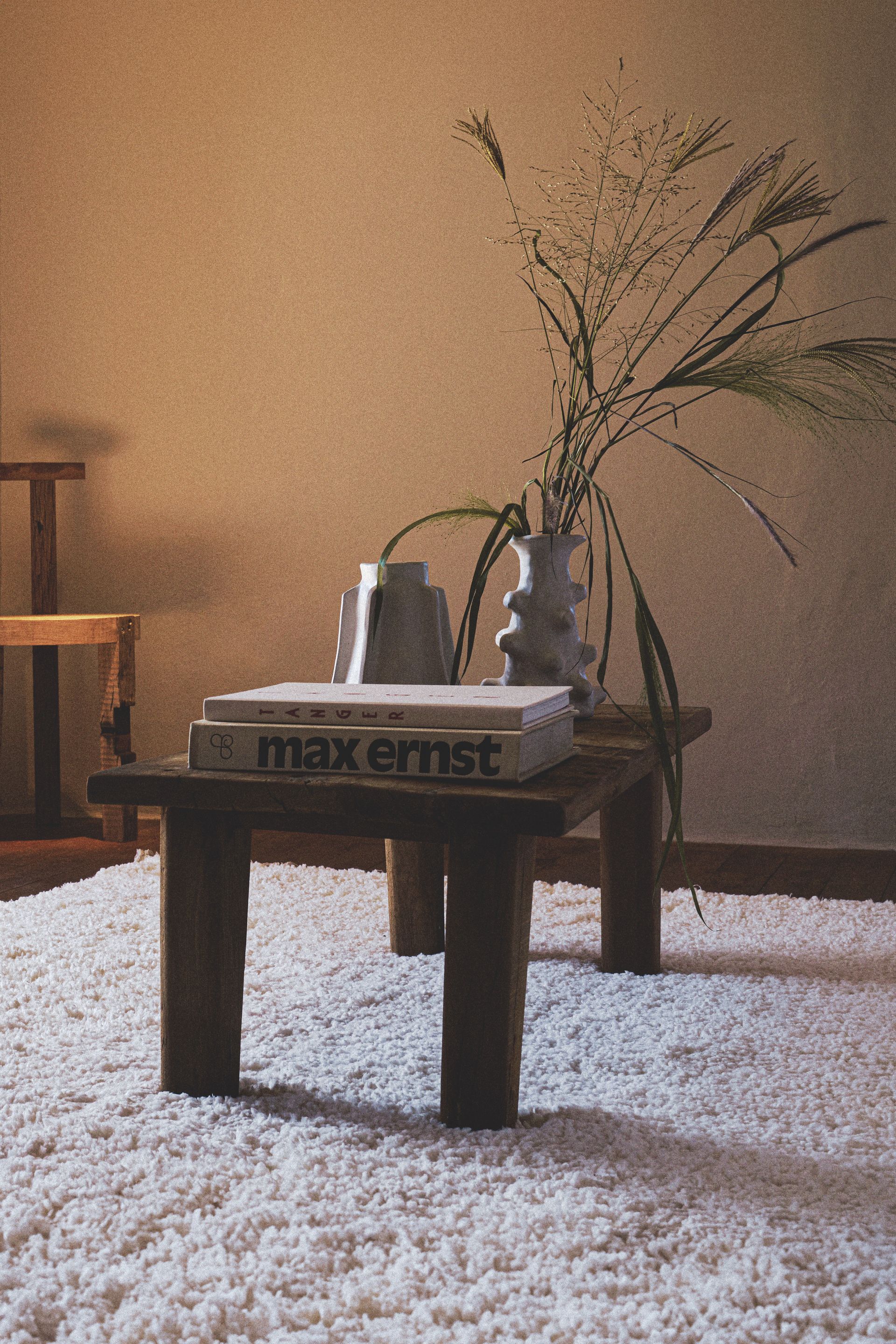 Wooden coffee table with books and vases on a fluffy white rug, with dried plants.