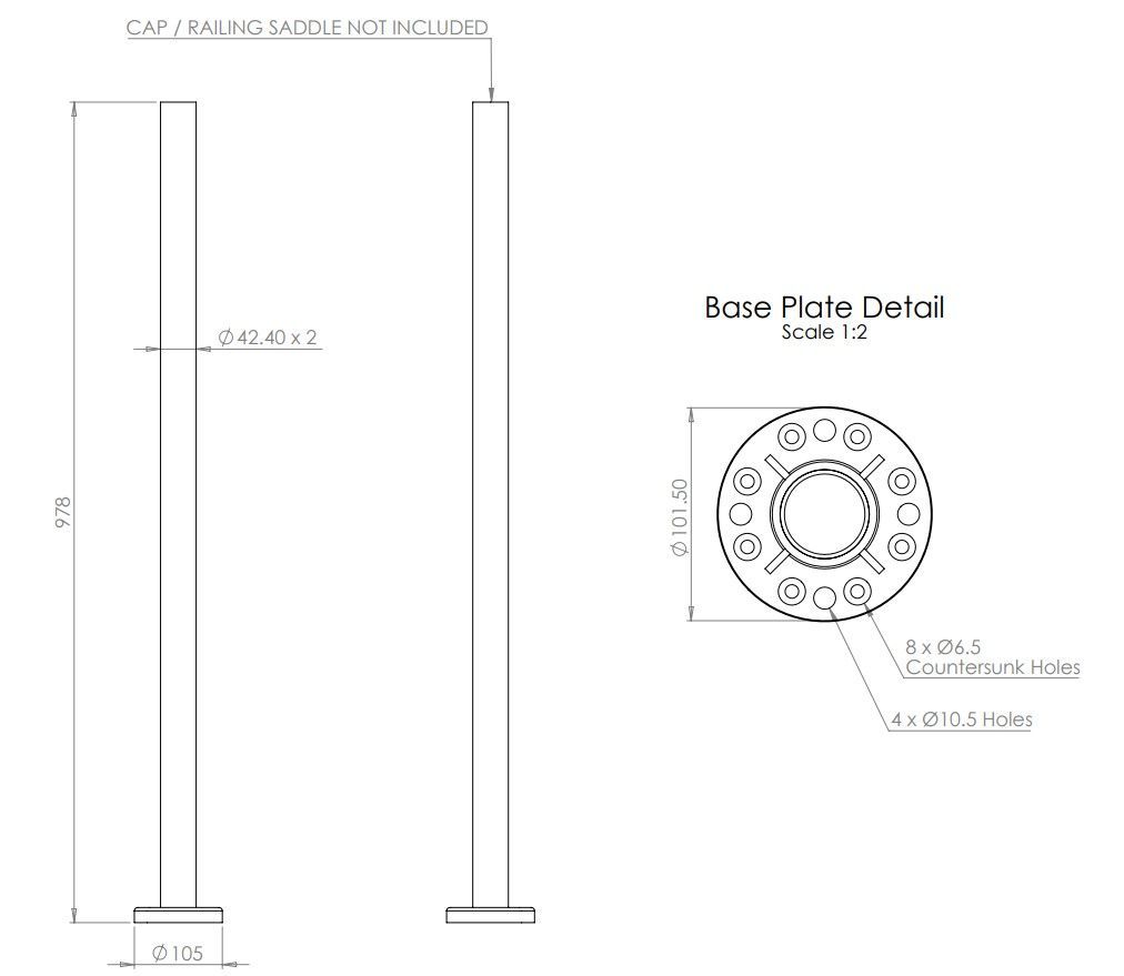 42.4mm Plain Base Plated Post 978mm Long - No Holes - Grade 316