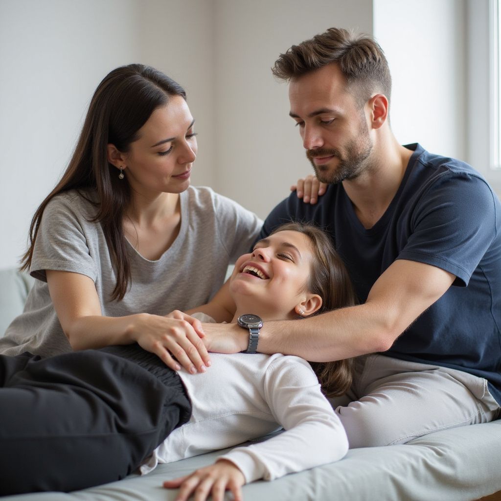 Three people in casual clothes sit on a bed, smiling and comforting a person lying down.