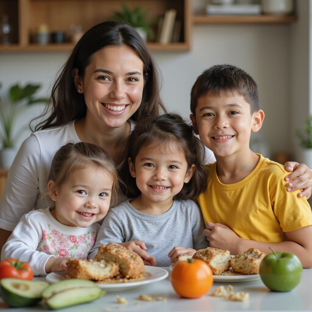 Smiling family gathered at a table with fruit and roasted chicken in a cozy kitchen