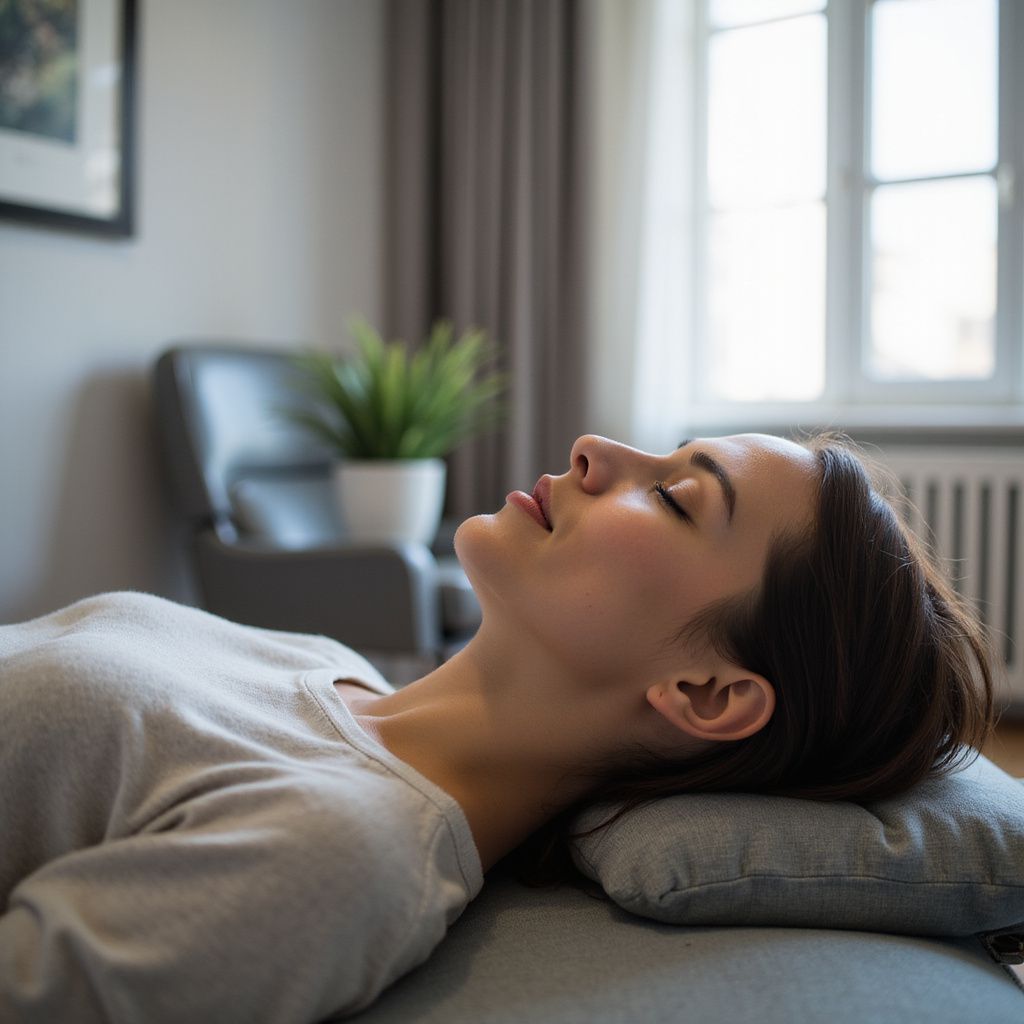 Person lying on a couch with eyes closed, resting by a window in a sunlit living room