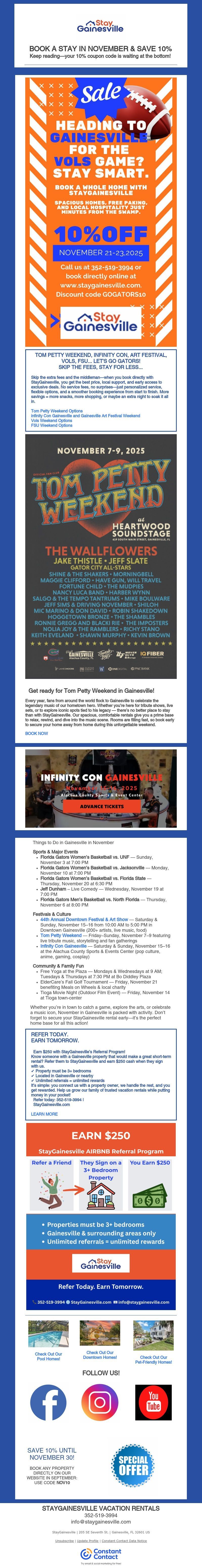 StayGainesville November Newsletter: Tom Petty, Vols, FSU, Infinity Con