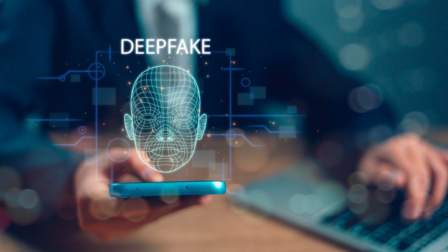 Hands using a smartphone and laptop with a glowing facial scan graphic labeled 