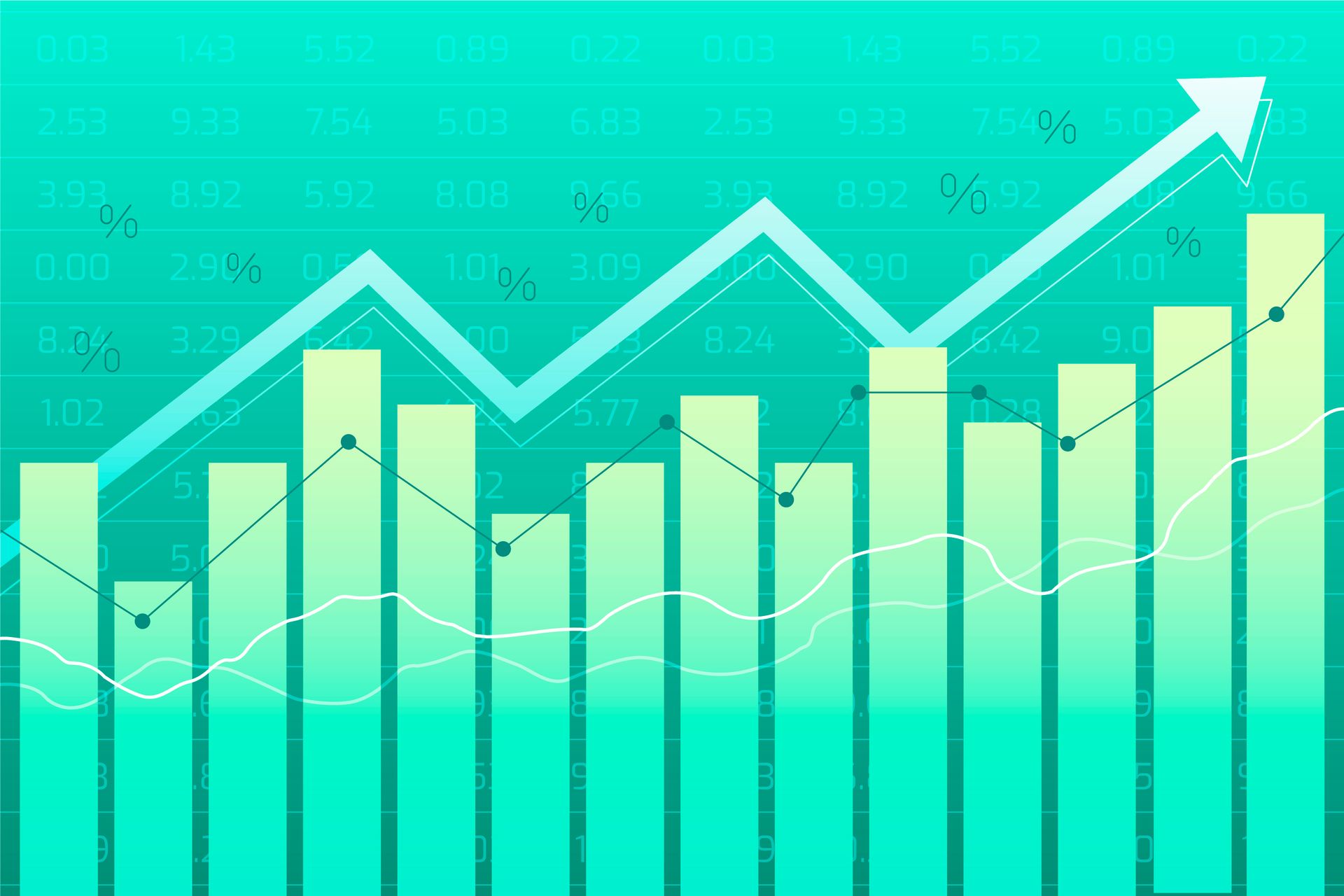 Green financial growth chart with rising bars and an upward arrow on a turquoise background