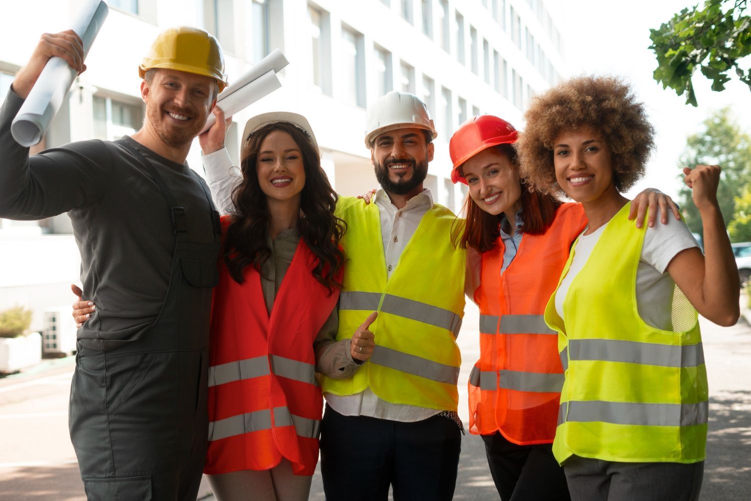 Five construction workers in safety vests and hard hats posing outdoors, smiling and raising fists