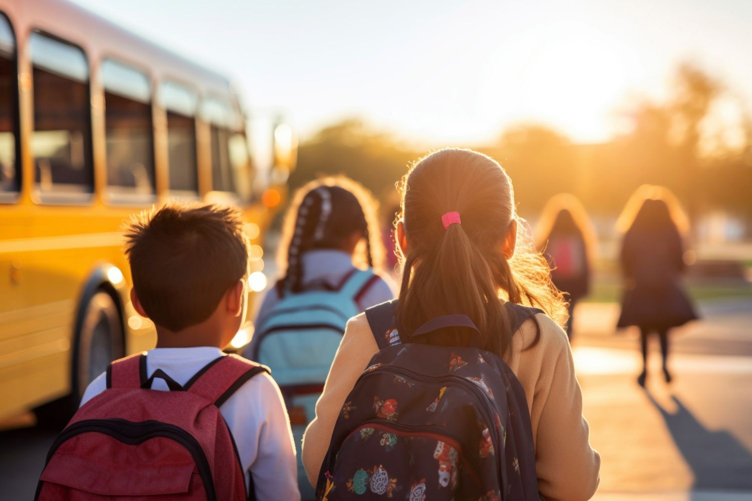 Children with backpacks walking toward a yellow school bus at sunrise