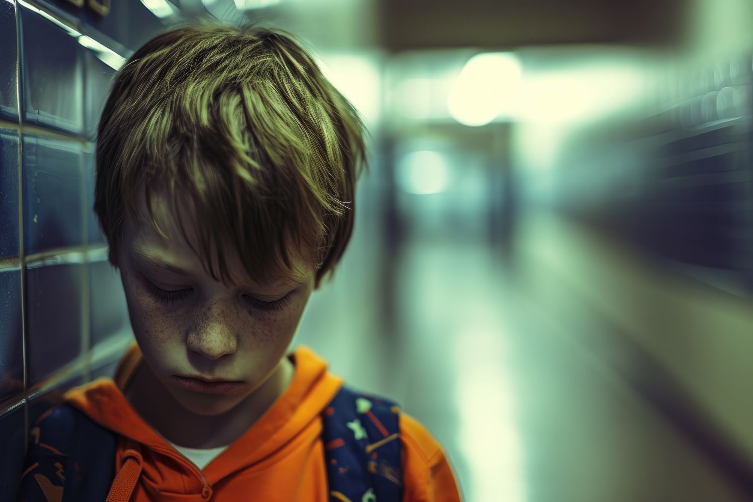 Young child in an orange hoodie looking down in a dim hallway, with a blurred background.