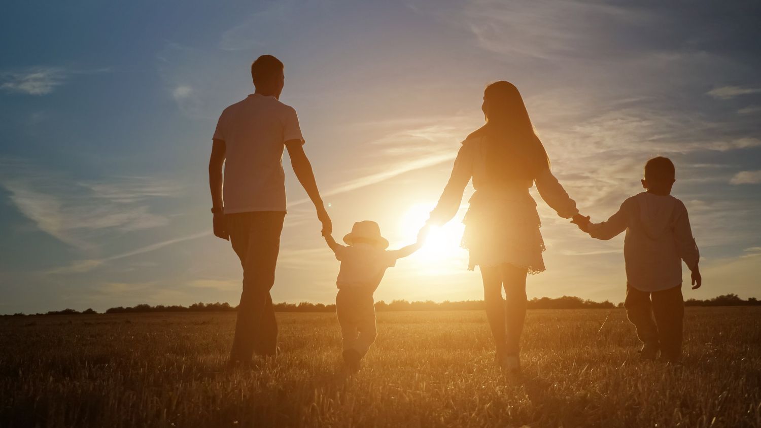 Silhouetted family of four holding hands in a field at sunset, walking toward the horizon