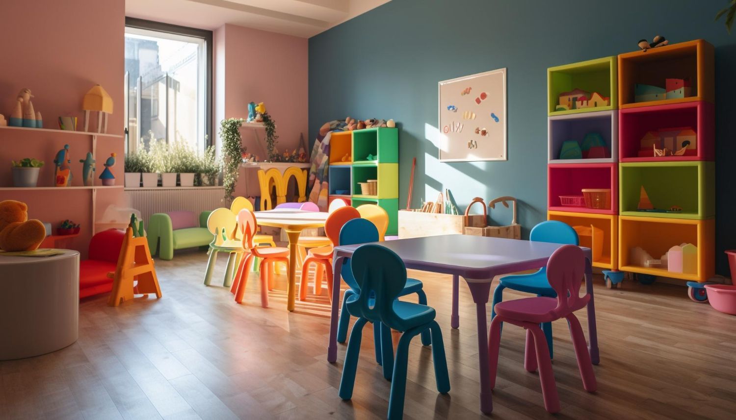 Sunlit preschool classroom with colorful chairs, tables, toys, and storage shelves