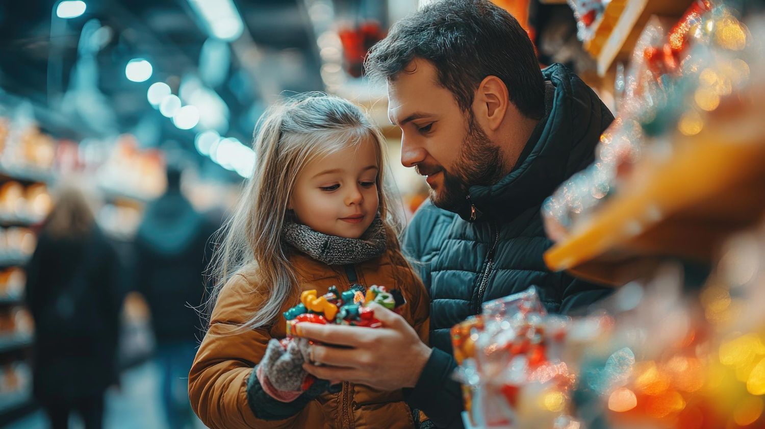 Man and child smiling in a market aisle, holding a colorful toy, with warm blurred lights in the background