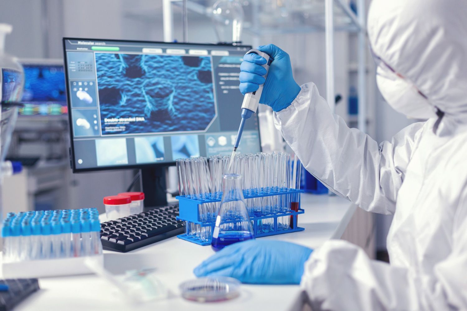 Scientist in blue gloves pipetting samples in a lab beside a computer monitor displaying cell images