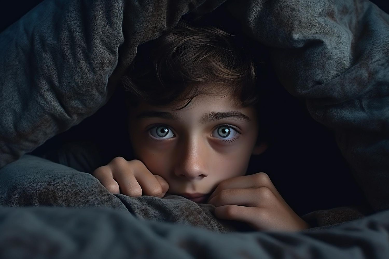 Person peering out from under a dark blanket, blue eyes visible in a dim, cozy setting.