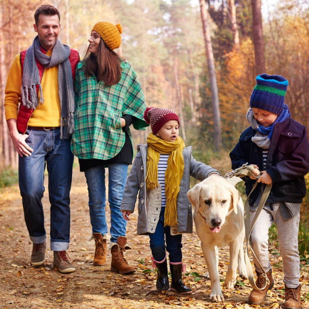 Family walking with a dog on a wooded autumn trail, wearing warm hats and scarves
