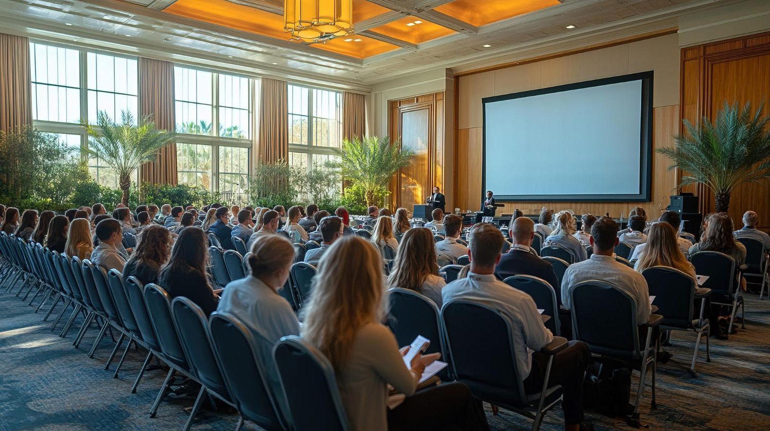 Conference audience seated in a large hall facing a blank presentation screen and stage
