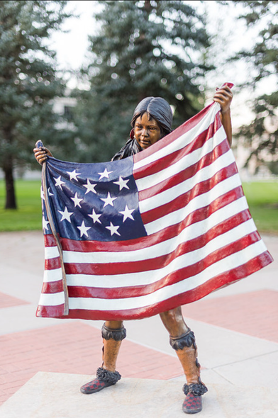 Person holding a large American flag outdoors on a walkway, with trees in the background