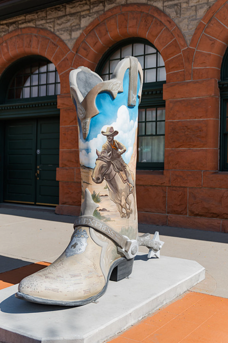 Decorated oversized boot sculpture on a sidewalk in front of a brick building