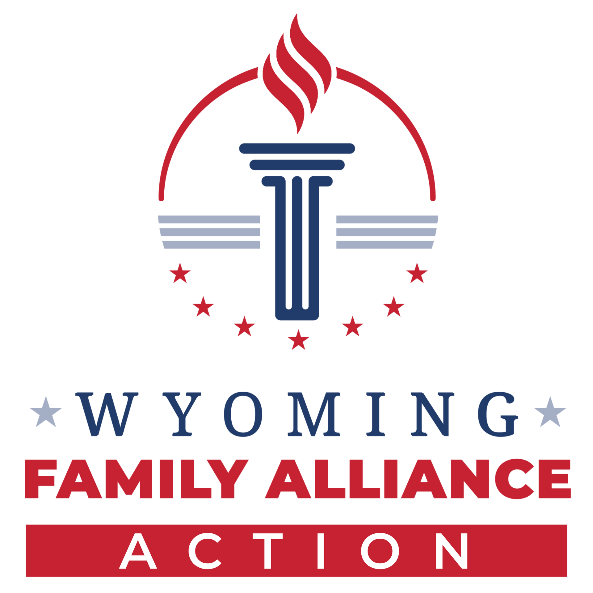 Wyoming Family Alliance Action logo with red, blue, and gray Capitol dome emblem