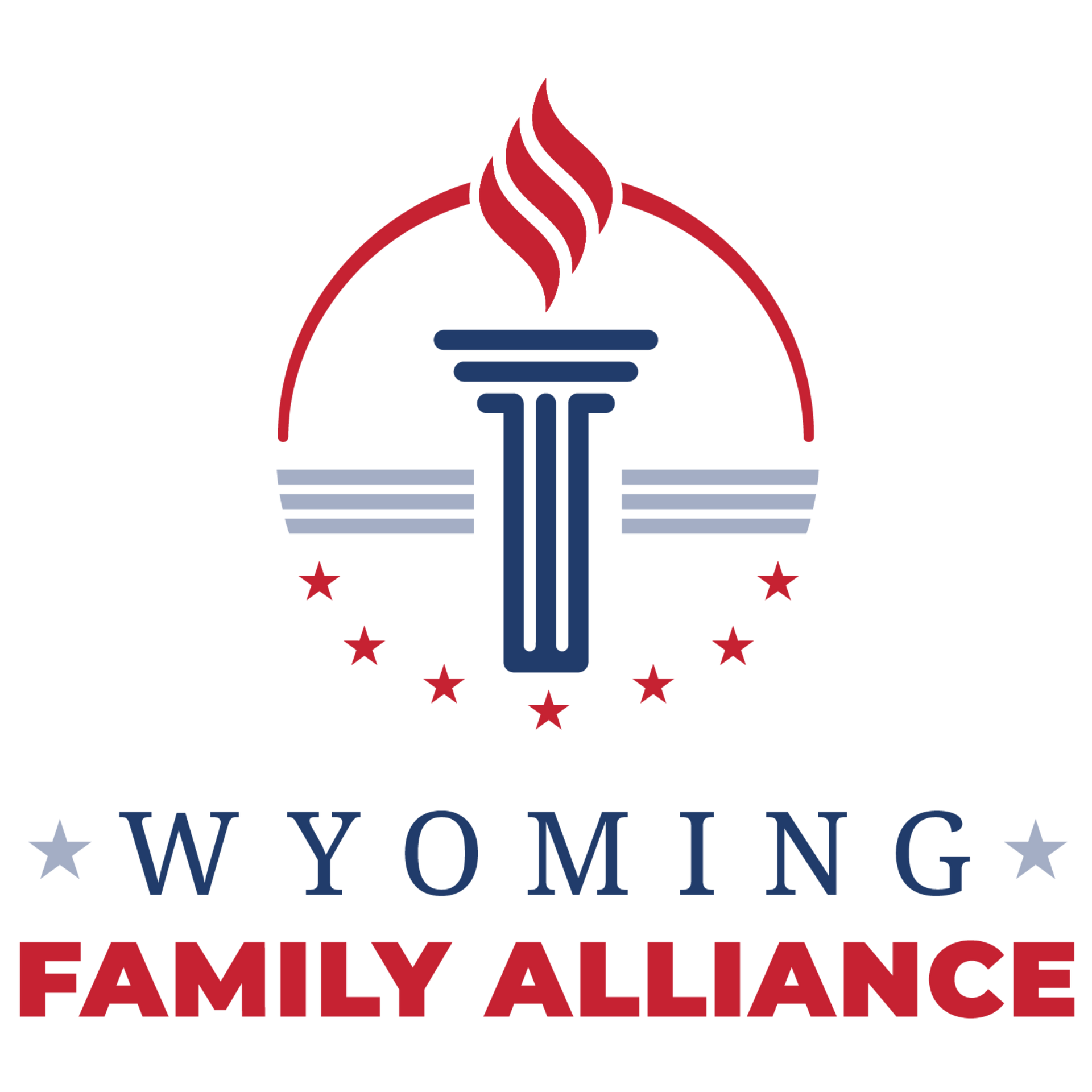 Wyoming Family Alliance logo with torch emblem, blue and red text, and stars on a white background